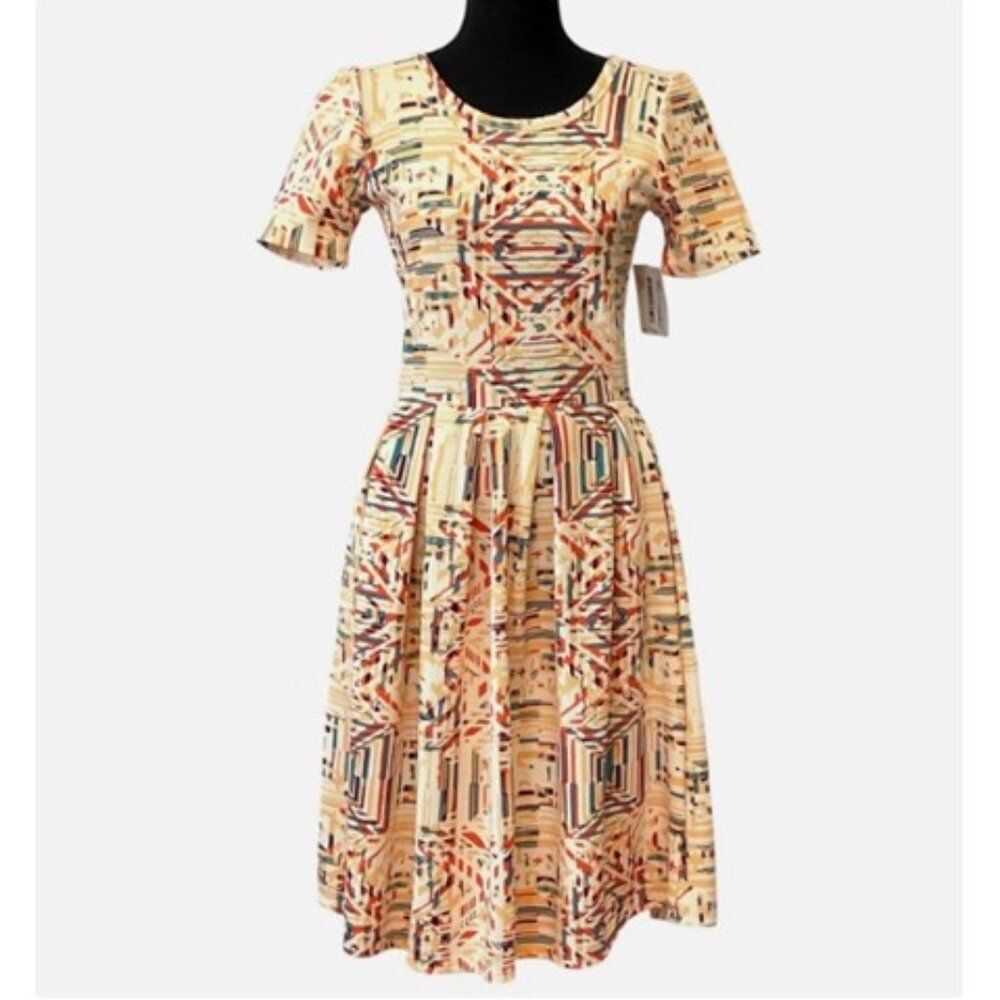 LuLaRoe Amelia Structured Pleated Midi Dress Colorful Geometric Print - NWT